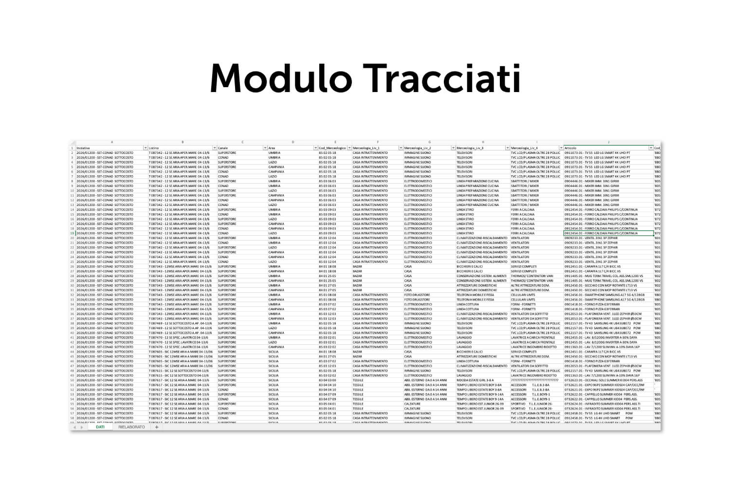 Modulo multipagina TRACCIATI completo di tutte le referenze, reparti esclusi, personalizzato per settore canale e area